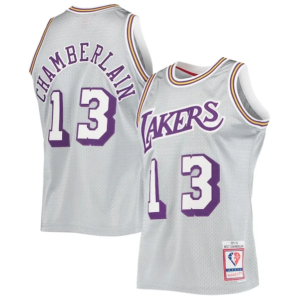 Bellissimo Wilt Chamberlain Los Angeles Lakers 75th Anniversary 1971/72 Hardwood Classics Swingman Jersey Silver per i Fan Veri