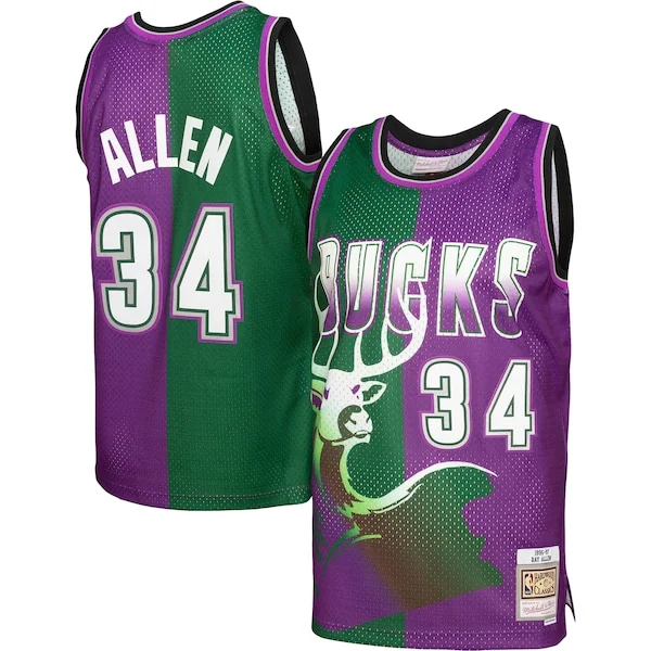 Prestigioso Eccezionale Ray Allen Milwaukee Bucks Hardwood Classics 1996/97 Split Swingman Jersey Green/Purple per i Fan Veri