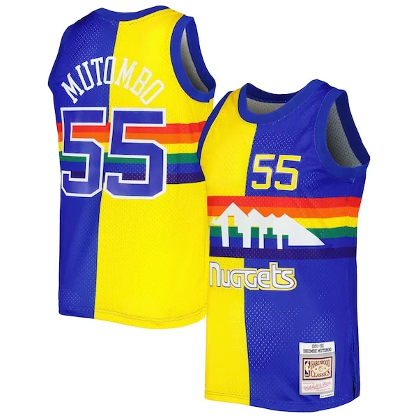 Raffinato Dikembe Mutombo Denver Nuggets Hardwood Classics 1991/92 Split Swingman Jersey Royal/Gold per i Fan Veri