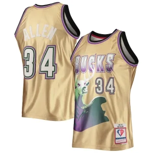 Gorgeous Lussuoso Eccezionale Ray Allen Milwaukee Bucks 75th Anniversary 1996/97 Hardwood Classics Swingman Jersey Gold per i Fan Veri