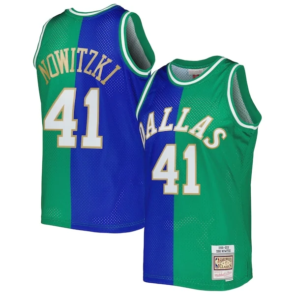 Magnifico Elegante Splendido Dirk Nowitzki Dirk Nowitzki Hardwood Classics 1998/2019 Split Swingman Jersey Blue/Green per i Fan Veri
