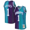 Trendy Accattivante Muggsy Bogues Charlotte Hornets Hardwood Classics 1992/93 Split Swingman Jersey Teal/Purple per i Fan Veri