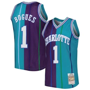 Trendy Accattivante Muggsy Bogues Charlotte Hornets Hardwood Classics 1992/93 Split Swingman Jersey Teal/Purple per i Fan Veri