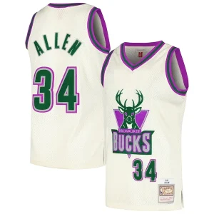 Elegante Ray Allen Milwaukee Bucks Chainstitch Swingman Jersey Cream per i Fan Veri