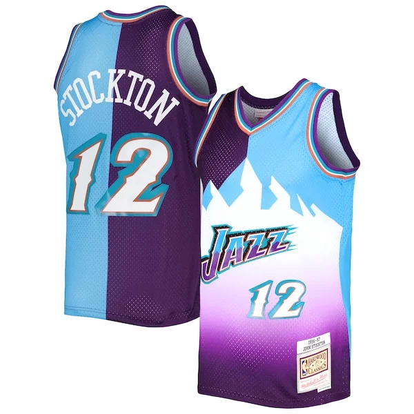 Lussuoso Trendy John Stockton Utah Jazz Hardwood Classics 1996/97 Split Swingman Jersey Purple/Turquoise per i Fan Veri