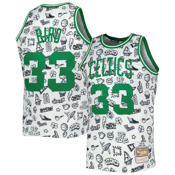 Comodo Larry Bird Boston Celtics 1985/86 Hardwood Classics Doodle Swingman Jersey White per i Fan Veri