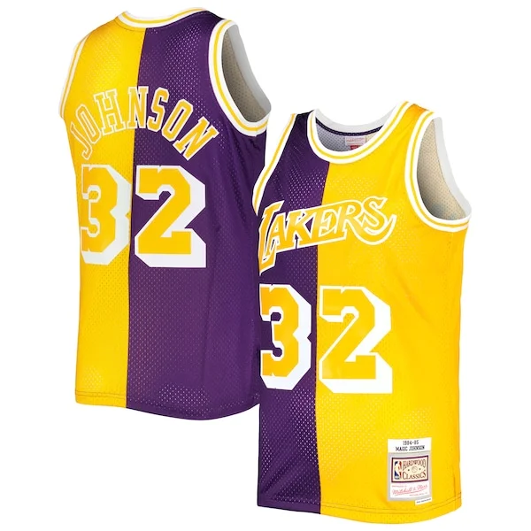 Resistente Lussuoso Moderno Magic Johnson Los Angeles Lakers Hardwood Classics 1984/85 Split Swingman Jersey Purple/Gold per i Fan Veri