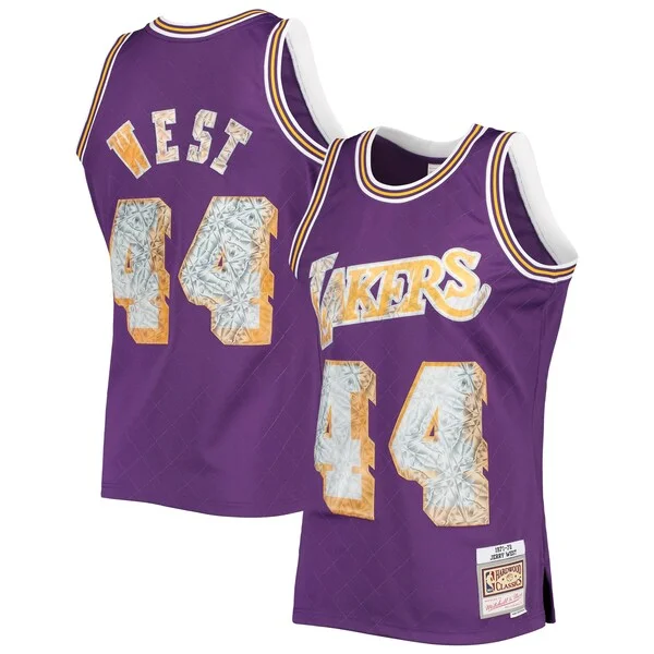 Ottimo Fascinante Jerry West Los Angeles Lakers 1971/72 Hardwood Classics NBA 75th Anniversary Diamond Swingman Jersey Purple per i Fan Veri