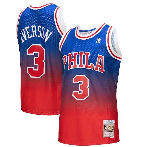 Moderno Allen Iverson Philadelphia 76ers 1996/97 Hardwood Classics Fadeaway Swingman Player Jersey Red/Royal per i Fan Veri